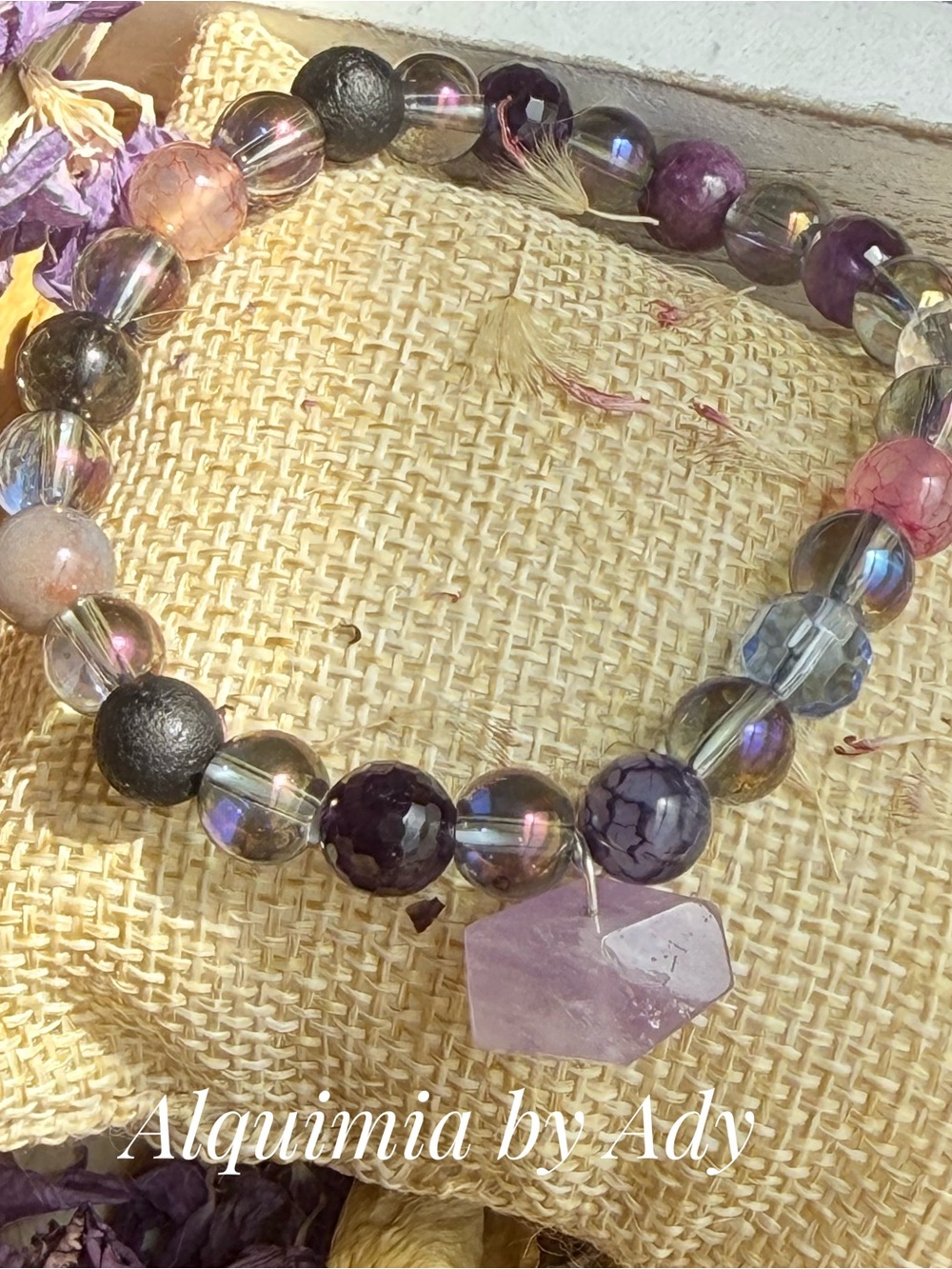 Purple agates + Iridescent aura quartz& Amethyst Charm Bracelet - Purple, Black
